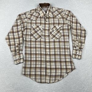 Vintage‎ H Bar C Shirt Mens 15 32 Brown Plaid Pearl Snap 60s Western Made In USA